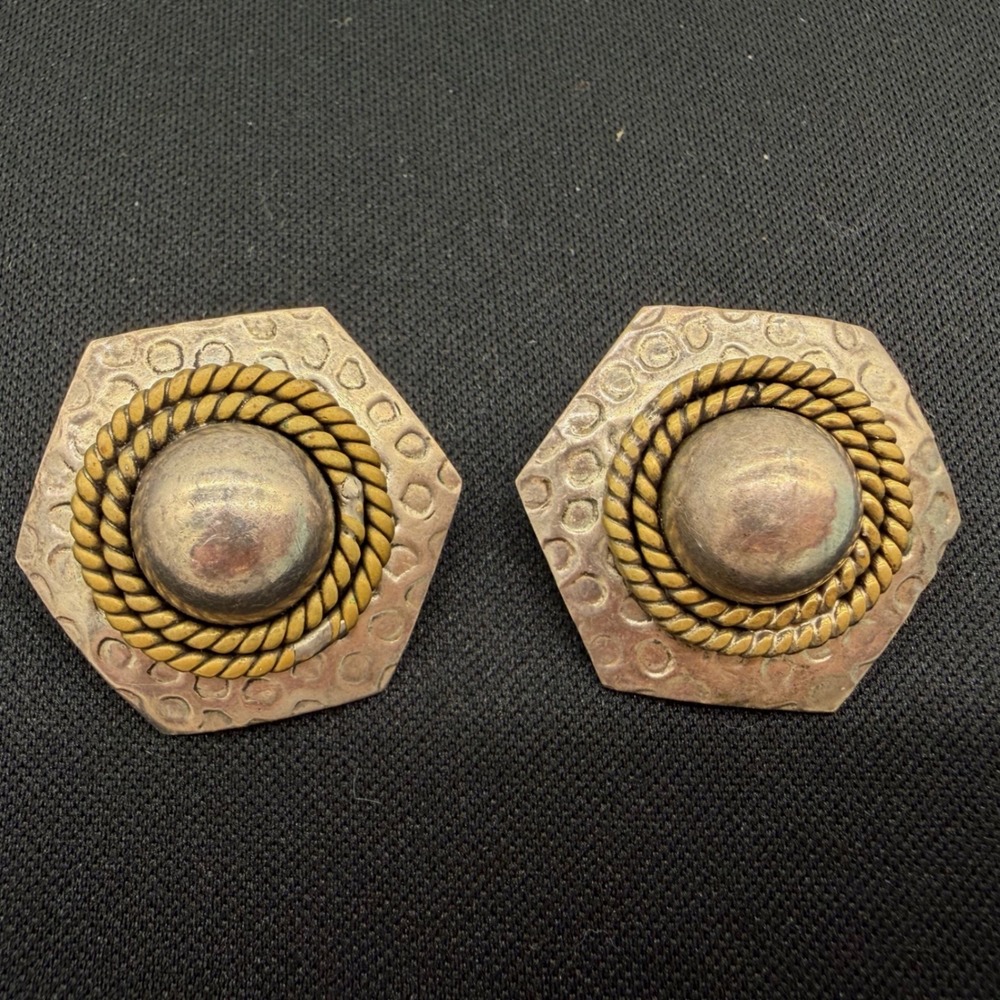 Earrings Clip On Taxco Sterling House Of Laton Signed Dome Hammered Hexagon